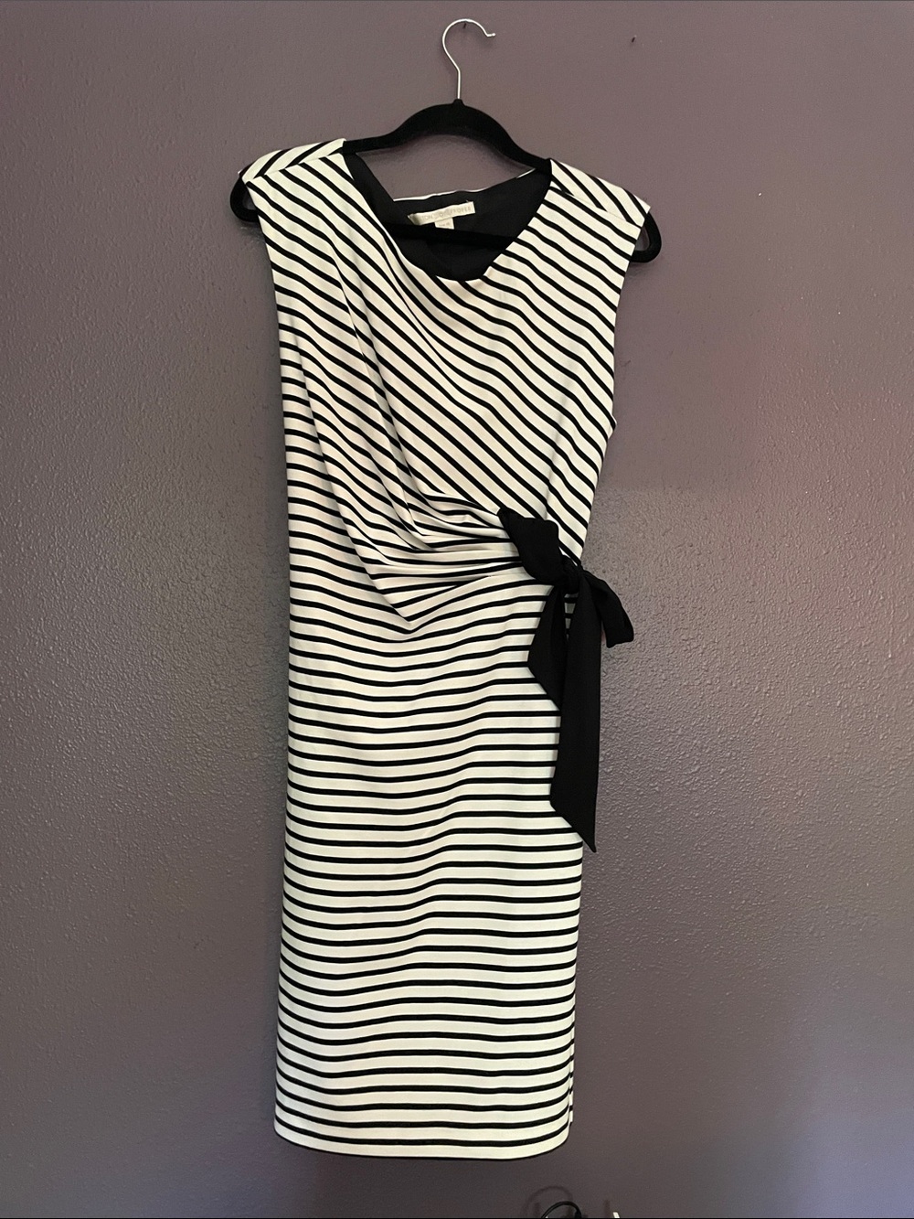 Boston Proper Black and White Striped Tie-Waist Midi Dress